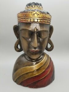 Large Buddha Prince 16 X 10 Hand Carved Wooden Painted Head Bust Figure Statue