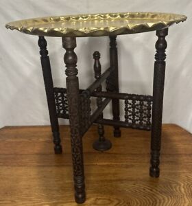 Beautiful Vintage Middle Eastern Brass Table With Wooden Stand Diameter