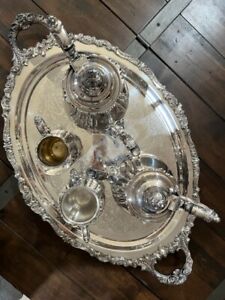 Wallace Baroque Silver Plate Tea Coffee Set W Tray