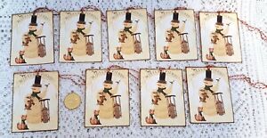 9 Primitive Christmas Farmhouse Snowman Linen Cardstock Gift Hang Tags Ornies