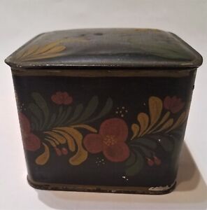 Vintage Square 20thc Toleware Tole Tin Painted Spice Tea Box Metal Package Corp