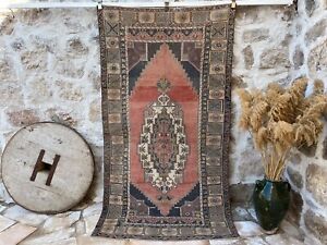 Hand Knotted Vintage Rug 4x8 Red Wool Geometric Area Carpet Anatolian Medium