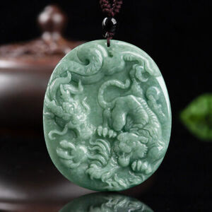 Natural Grade A Green Jade Jadeite Carved Fengshui Dragon Tiger Pendant Amulet