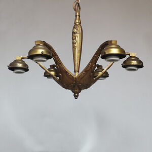 Antique 1930 French Art Deco Gilt Bronze Chandelier Ceiling Light Fixture 6 Arms