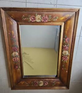 Antique Beveled Glass Hand Painted Rustic Farm Floral Mirror Victorian Cottage
