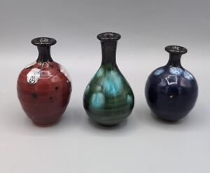 Celadon Ceramic Miniature Bud Vase Korean Or Chinese Crazed Glaze Lot Of 3 3 
