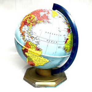 Vtg Mid Century Metal Color Rotating World Globe Octagon Base 12 Tall 1 Dent