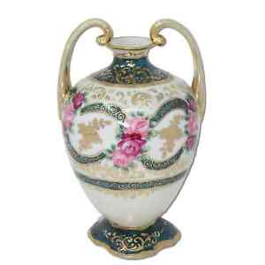 Morimura Gumi Nippon 9 Footed Muscle Vase Hp Roses And Gold Moriage 1891 1911