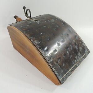 Antique Wood Coal Scuttle Box With Hammered Detailed Copper Lid 16 With Handle