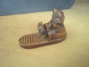 Hand Carved Wood Netsuke Puppy Dog And Mouse On A Shoe Boxwood Figure