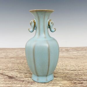 7 1 Antique Song Dynasty Porcelain Ru Kiln Mark Blue Eight Edge Double Ear Vase