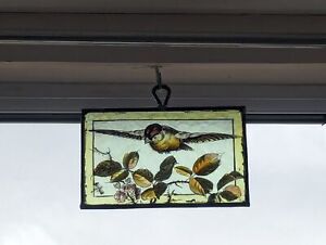 Renovated Victorian Compact Hanging Stained Glass Panel With Hand Painted Bird