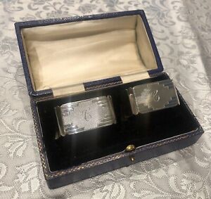 Boxed Pair Of Antique English Sterling Silver Napkin Rings C Initial D 1937