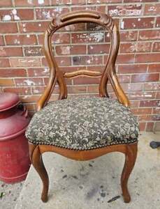 Antique Walnut Chair Balloon Back Carved Back Brown Floral Upholstery 1