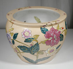 Antique Asian Famille Juane Fish Bowl Floral Pattern Hand Painted Ceramic Vg 
