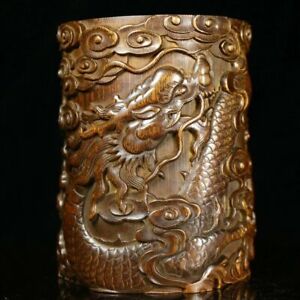 6 2 Handcarved Exquisite Dragon Brush Pot Chinese Natural Bamboo