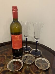 Vintage Sterling Silver Rim Star Burst Crystal Wine Bottle Glass Coasters X6