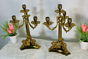 Pair Antique French Bronze Candelabras Candle Holder Lion Paws