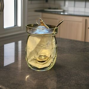 Vintage Floral Etched Crystal Condiment Jar Sterling Silver Lid Scoop Spoon Ladl