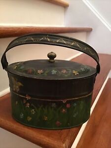 Tole Panited Antique Tin Bucket Bail Pail Floral