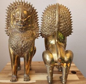 Pair Large 16 Thai Gilt Bronze Foo Dog Brass Singha Temple Guardian Lion