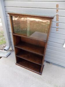 Unique Older English Oak Open Bookshelf Bookcase W Bead Trim Sliding Glass Doors