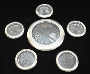 6pc Rb Rogers Sterling Silver Pressed Glass Cup Wine Bottle Coaster C1950
