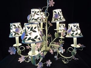 Country Chic Painted Tole Chandelier Floral Embroidered Tulle Shades Shabby Chic