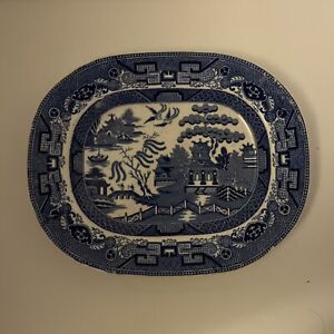 Antique B S Early 19th Century Stoneware Blue Willow App8 5 X10 5 Platter Read
