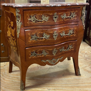 Arrives July 2024 French Antique Inlaid Louis Xv Bombe Chest Of Drawers Dresser