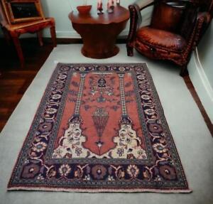 Vintage Handmade Oriental Wool Area Rug 4 1 X 6 8 Bird Lamp Prayer Carpet 4 X 7