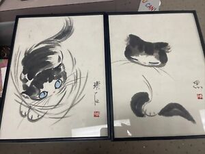 2 Japanese Cat Calligraphy Paintings Signed Akira Customed Framed