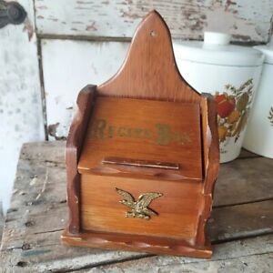 Vintage Wood Hanging Salt Recipe Box Patriotic Eagle Emblem Americana Rustic Old