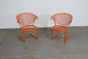 Pair Of Mcm Orange Salterini Style Outdoor Metal Curved Back Springer Chairs