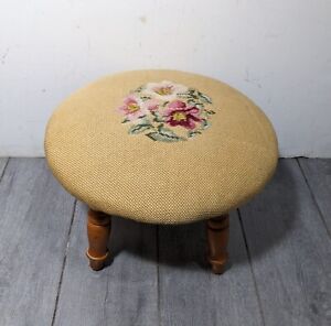 Vintage Victorian Floral Round Needlepoint Sewing Stool Footstool Wood Legs