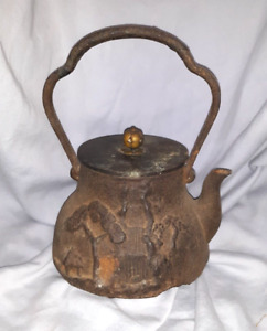 Antique Japanese Antique Iron Teapot Tetsubin Signed Bronze Lid