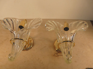 Pair Of 2 Wall Sconces With Massive Murano Glass Inserts Works 