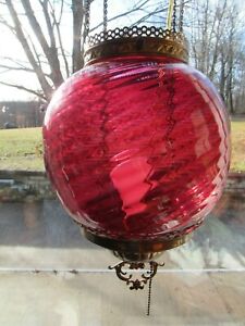Antique Cranberry Swirl Hanging Parlor Pull Down Oil Lamp W Chains Electrofied