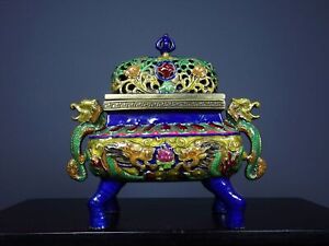 Collect China Old Enamel Cloisonne Hand Painting Dragon Pattern Incense Burner