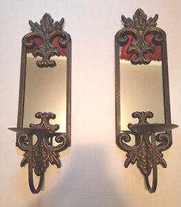Vintage Brass Metal Mirrored Candle Sconces Pair Of 2 Heavy Ornate Wall Sconces