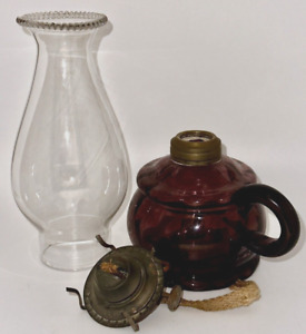 Antique Amethyst Glass Diamond Quilt Kerosene Oil Flat Hand Lamp Burner Chimney