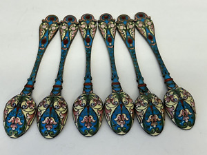 Set Of 6 Antique Russian Silver 84 Cloisonne Shaded Enamel Spoons By N Alexeyev
