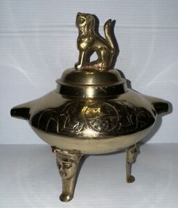 Vintage Chinese Brass Temple Lion Foo Dog Finial Vase Footed W Face On Feet