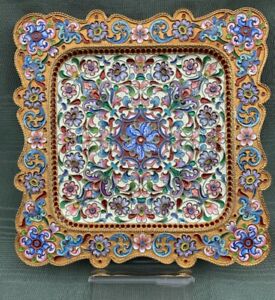 Russian Shaded Cloisonne Enamel 88 Silver Card Tray Alexeyev Moscow 243 Grams