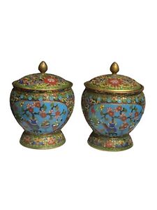 2 Chinese Cloisonne Jar Spice Ginger Tea Caddy Turquoise Vintage Brass Blossoms