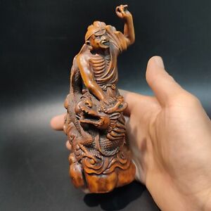 Vintage Buddha Carved Dragon Wood Carving Wooden Statue Arhat Antique Boxwood