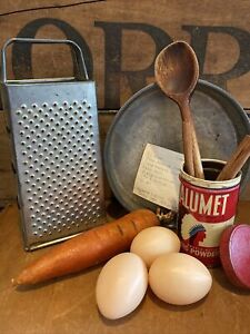 Primitive Pantry Display Gathering Carrot Cake Wood Spoon Egg Calumet Tin Pan