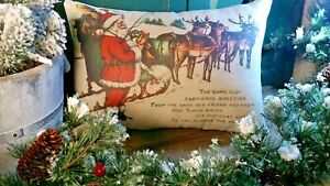 Primitive Victorian Vintage Christmas Santa Sleigh Reindeer Pc Winter Pillow