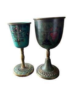 Two Israel Hakuli Hand Painted Goblet Sabra Bright Blue Green 5 Tall
