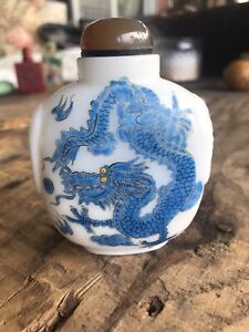 Antique Asian Snuff Bottle With White Jade Carved Intricate Dragon 